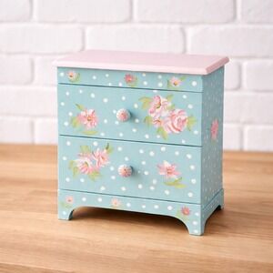 Vintage 90s Hand Painted Wood Jewelry Box Teal Pink Floral Mini Dresser 9 x‎ 7.5